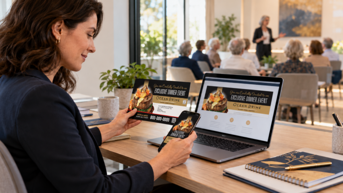 Campaign strategist reviewing coordinated event invitation, registration and reminder materials before an educational event.