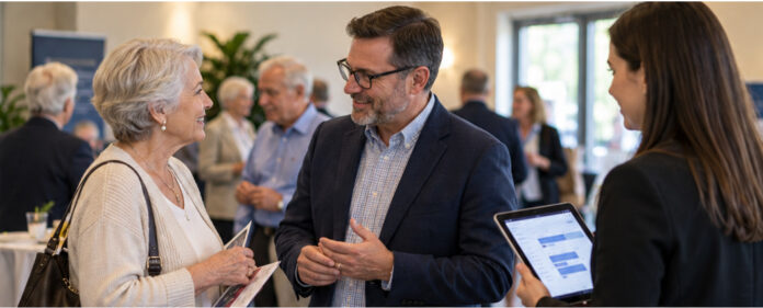 An event attendee speaking with a presenter while a staff member prepares to schedule a follow-up appointment.